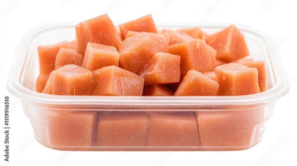 A container filled with small, cubed pieces of orange fruit. A container filled with small, cubed pieces of orange fruit.