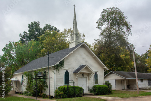 Old and abandoned wooden church building in Fulton town in Hempstead County, Arkansas, United States