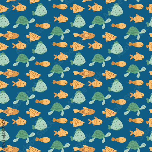 Colorful marine pattern with turtles, fish, and pufferfish on blue background.