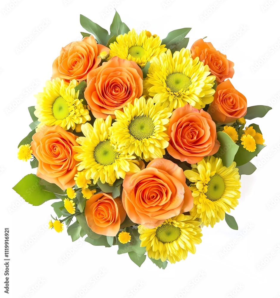 Fototapeta premium Bouquet of yellow chrysanthemums, orange roses, and green daisies on a white background. Floral arrangement for a holiday celebration gift or wedding ceremony decor
