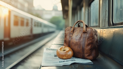 A brown leather bag and sesame bagel rest on a folded newspaper in a commuter train setting with a blurred train passing by, creating a calming atmosphere. photo