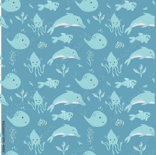 Cute ocean animals pattern with whales, octopuses, and dolphins on blue background.