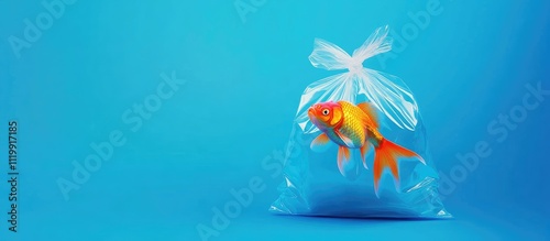 Two goldfish trapped in a plastic bag on a blue background.