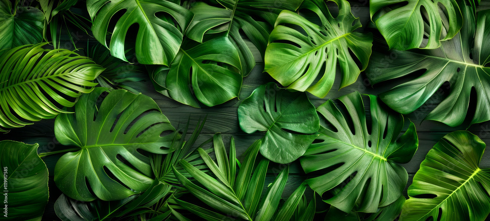 Top view of fresh tropical leaves spread out. Concept of lush greenery, exotic plants, nature background, vibrant foliage. Botanical elements, nature design, rainforest decor. Banner. Copy space Top view of fresh tropical leaves spread out. Concept of lush greenery, exotic plants, nature background, vibrant foliage. Botanical elements, nature design, rainforest decor. Banner. Copy space
