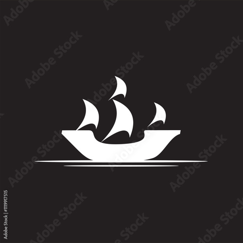 Simple sailboat, dhow boat, ship on ocean waves in black and white art style for Sailing Travel Transportation logo design