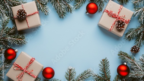 The Christmas and New Year holiday range is a mint clean mockup background, featuring red Christmas presents on white background. The layout is flat with a banner style. photo