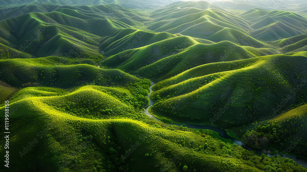 Aerial View of Verdant Green Hills and Meandering River. Beautiful Landscape, Lush Terrain, Natural Scenery, Scenic Outdoors. Background Aerial View of Verdant Green Hills and Meandering River. Beautiful Landscape, Lush Terrain, Natural Scenery, Scenic Outdoors. Background