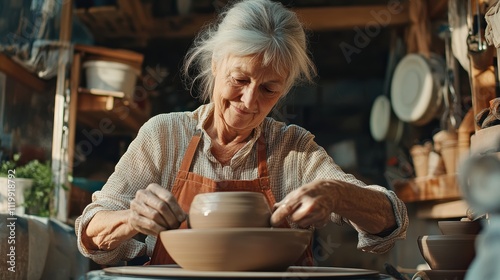 Wallpaper Mural An elderly woman skillfully shapes clay pottery on a wheel in a cozy workshop, showcasing her craftsmanship and passion for art. Torontodigital.ca