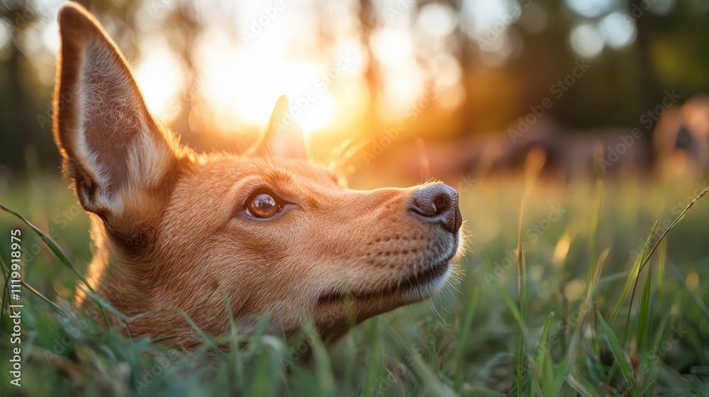 A dog's head is peeking through the grass during sunset, showcasing its curious eyes and perked ears with the sun gently lighting up its fur from behind. A dog's head is peeking through the grass during sunset, showcasing its curious eyes and perked ears with the sun gently lighting up its fur from behind.