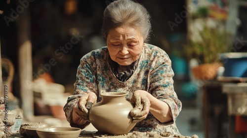 Wallpaper Mural An elderly woman skillfully shaping a clay pot, showcasing traditional pottery techniques in a vibrant workshop setting. Torontodigital.ca