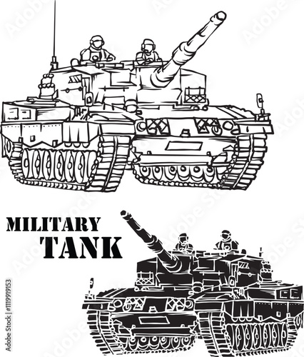 Military Tank. Line art vector illustration