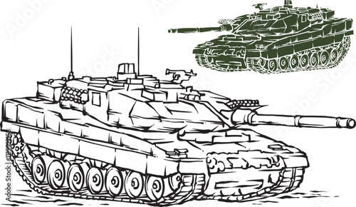 Military Tank. Line art vector illustration