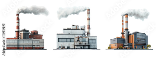 Industrial Factory Set with Smoke on Transparent Background