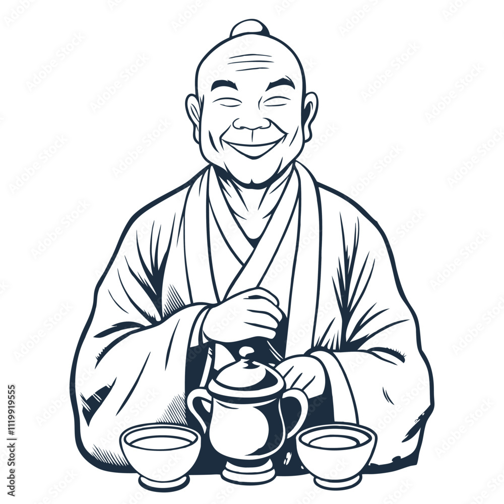 Monochrome vector illustration featuring a smiling chinese man in traditional attire, preparing a tea ceremony with a teapot and two cups, conveying a sense of peace and cultural richness Monochrome vector illustration featuring a smiling chinese man in traditional attire, preparing a tea ceremony with a teapot and two cups, conveying a sense of peace and cultural richness