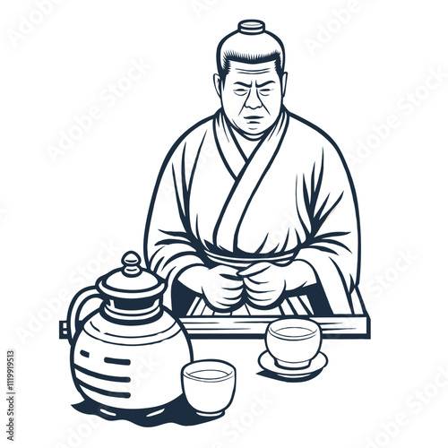 Asian man in traditional clothing sitting calmly with hands clasped, participating in a tea ceremony with a teapot and cups arranged on a tray, embodying rich cultural heritage