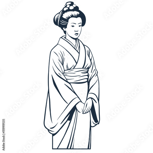 Traditional japanese geisha in kimono, showcasing rich cultural heritage and elegance, stands gracefully with hands clasped, embodying the artistry and tradition of ancient japan