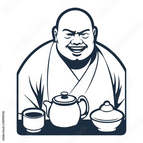 Cheerful buddhist monk smiling while preparing a traditional tea ceremony with a teapot, teacup, and lidded bowl, embodying peace and cultural richness