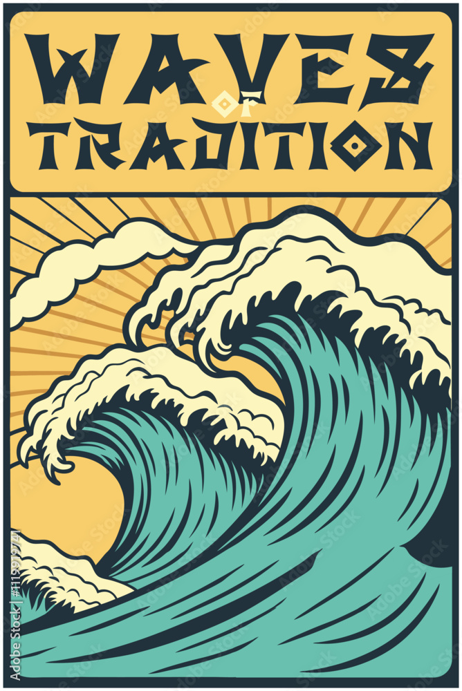 custom made wallpaper toronto digitalLarge ocean waves with frothy white crests are depicted in a vibrant illustration, evoking a classic asian aesthetic with a vintage poster feel, blending nature's power with artistic tradition