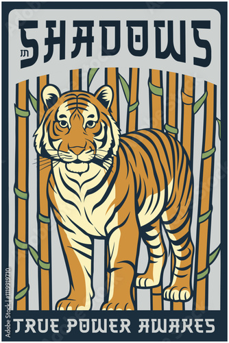 Powerful tiger standing amidst bamboo stalks in a vibrant poster design, celebrating asian culture and the awakening of true power, featuring stylized typography and bold colors