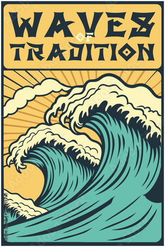 Wallpaper Mural Large ocean waves with frothy white crests are depicted in a vibrant illustration, evoking a classic asian aesthetic with a vintage poster feel, blending nature's power with artistic tradition Torontodigital.ca