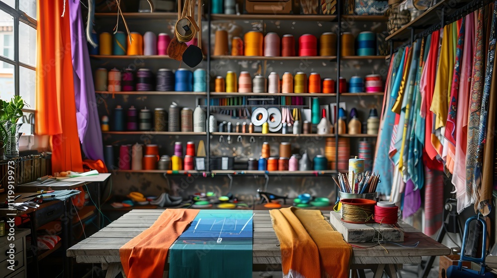 Obraz premium Cozy Sewing Workshop with Colorful Fabrics and Tools. Concept of Crafting, Creativity, Needlework, Artistic Design, and Handmade Projects