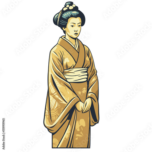 Traditional japanese female entertainer wearing a beautiful yellow kimono with floral decorations, posing with hands joined together in a cultural representation of respect and elegance