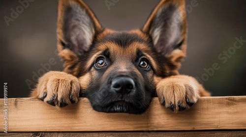 A cute puppy with expressive eyes and large ears gazes earnestly over a wooden fence, exuding innocence, curiosity, and endearing charm.