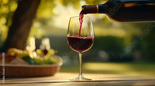 close up pouring red wine from bottle into wine glass photo