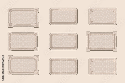 Beige rectangular stickers with dot decoration and linear geometric borders, isolated on a pale beige background. Collection of different label frames with place for text. Vector set for scrapbooking