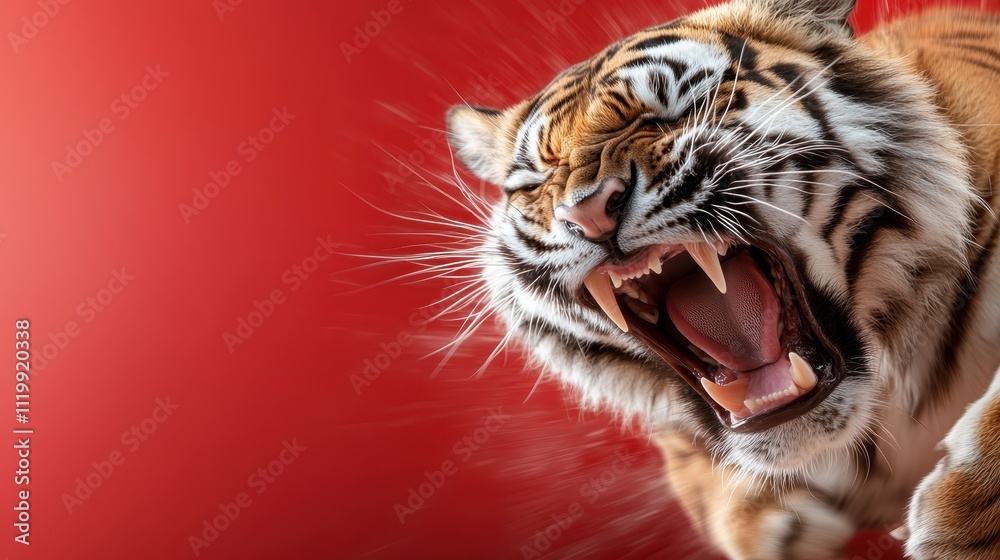Obraz premium A ferocious tiger displays its strength and power as it roars mightily, capturing the grandeur and wild essence of nature's magnificent predator.