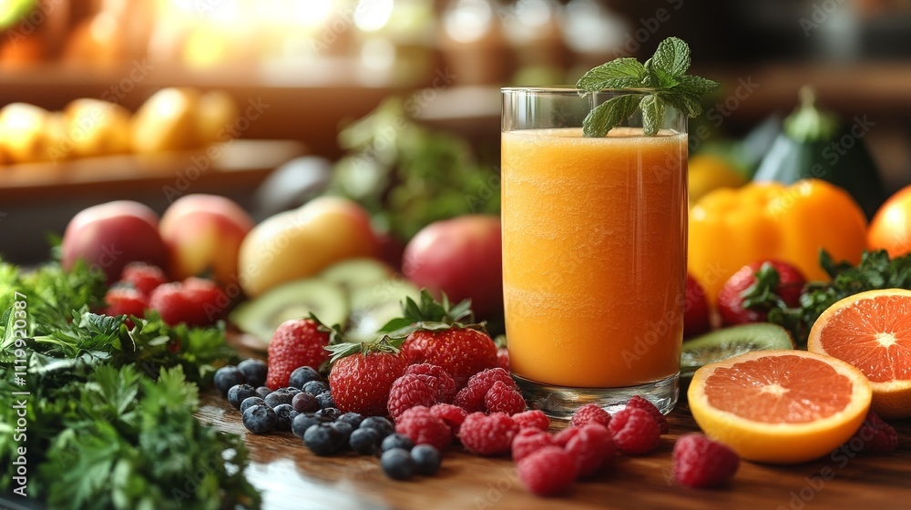 Freshly prepared orange smoothie surrounded by a variety of colorful fruits and greens Freshly prepared orange smoothie surrounded by a variety of colorful fruits and greens