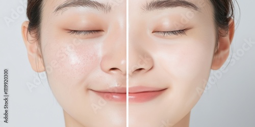 スキンケアによる変身分割画面: 透明感のある肌へのビフォーアフター