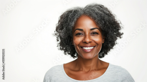 portrait of happy middle aged black woman isolated on white background