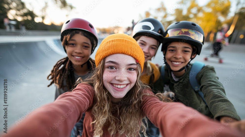 Group of NON BINARY teenagers taking a selfie at skate park. Integration in a diverse society. Group of NON BINARY teenagers taking a selfie at skate park. Integration in a diverse society.