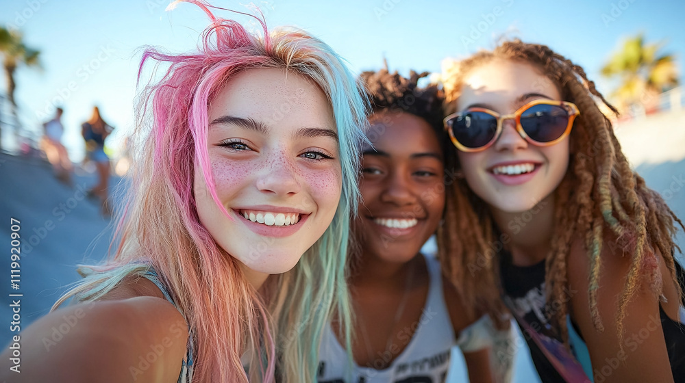 Group of NON BINARY teenagers taking a selfie at skate park. Integration in a diverse society. Group of NON BINARY teenagers taking a selfie at skate park. Integration in a diverse society.
