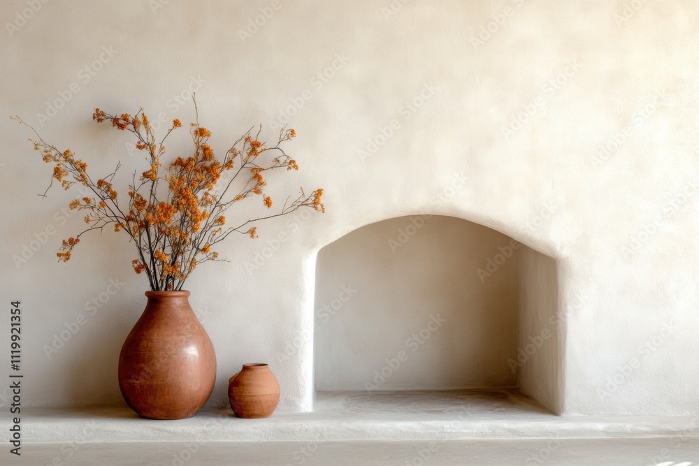 southwestern home decor, a cozy fireplace in a southwestern-themed living room, framed by natural stone and decorated with pottery and dried flowers southwestern home decor, a cozy fireplace in a southwestern-themed living room, framed by natural stone and decorated with pottery and dried flowers