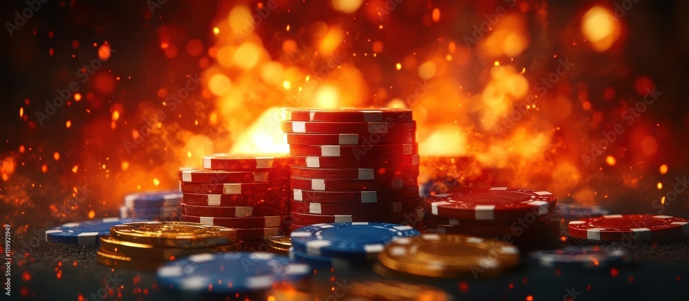 Vibrant Casino Chips Stacked Against a Fiery Background in a Dynamic Gaming Atmosphere Vibrant Casino Chips Stacked Against a Fiery Background in a Dynamic Gaming Atmosphere