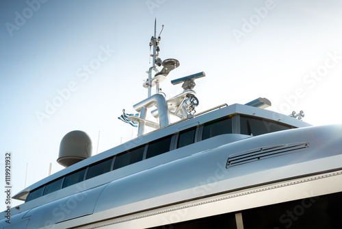 Konstfotografi Angled shot of a dark grey silver superyacht at dock in Rhodes, Greece