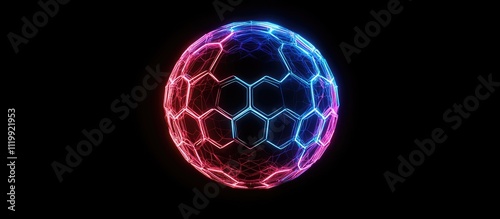 Futuristic glowing sphere with hexagonal pattern, red and blue neon light.