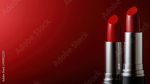 Featuring two elegant red lipsticks on a red backdrop, this image contrasts the sleek metallic casings with the rich, bold lipstick hues, exuding luxury and style. photo