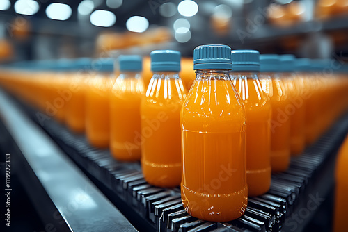 The photo shows the production line of orange juice in a modern