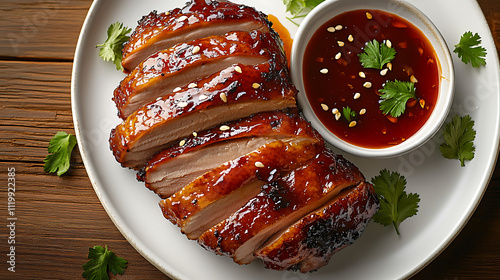 The white plate is filled with the two parts of roasted duck, placed on top of each other in different shapes photo