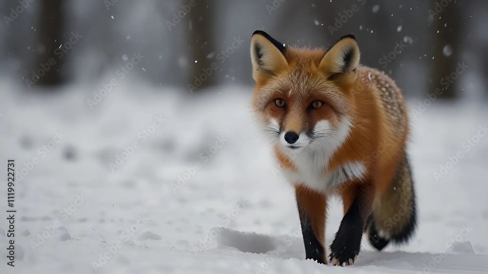 Close-up of a fox walking through the snow, its red fur contrasting with the white surroundings, with sharp details of its eyes and paws making tracks in the soft snow. Close-up of a fox walking through the snow, its red fur contrasting with the white surroundings, with sharp details of its eyes and paws making tracks in the soft snow.