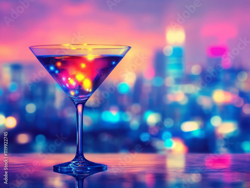 alcoholic cocktail of neon color against the backdrop of the night city