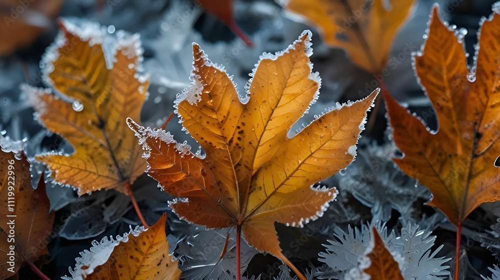 Close-up of fallen autumn leaves, their surfaces encased in a thin, transparent layer of ice, creating a striking blend of color and texture against the snowy ground Close-up of fallen autumn leaves, their surfaces encased in a thin, transparent layer of ice, creating a striking blend of color and texture against the snowy ground