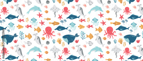 Colorful ocean creatures pattern with whales, dolphins, and octopuses.