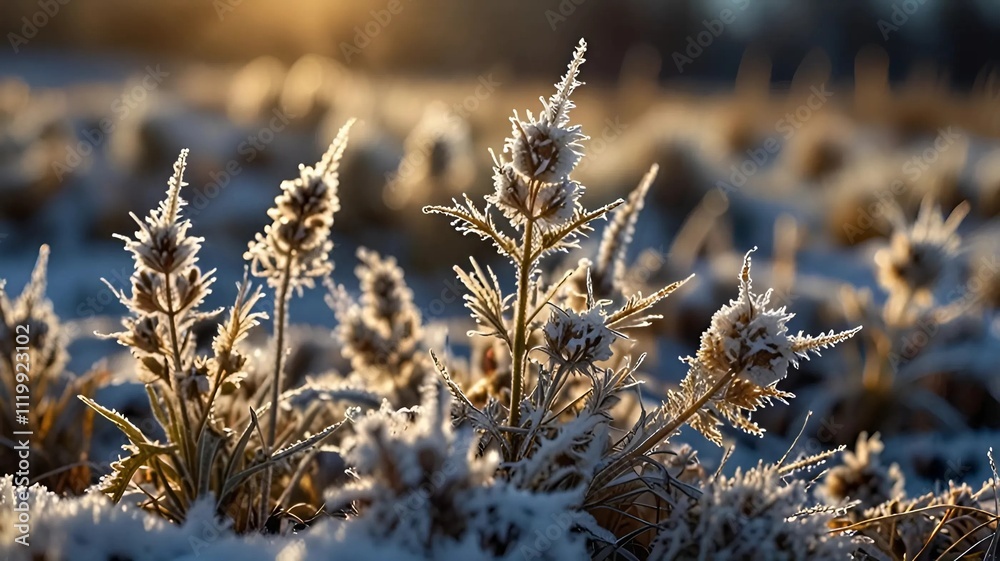 Close-up of frost-covered dried wildflowers in a snowy field, their intricate patterns glistening in soft sunlight, with a blurred natural background Close-up of frost-covered dried wildflowers in a snowy field, their intricate patterns glistening in soft sunlight, with a blurred natural background