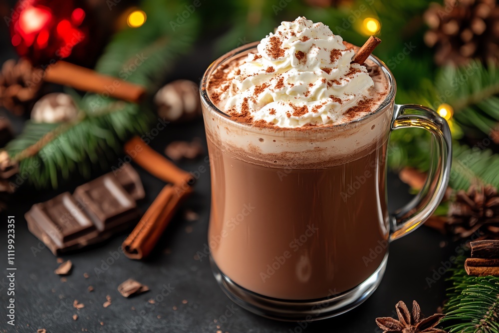 A Rich Hot Chocolate Topped with Whipped Cream on a Black Table A Rich Hot Chocolate Topped with Whipped Cream on a Black Table