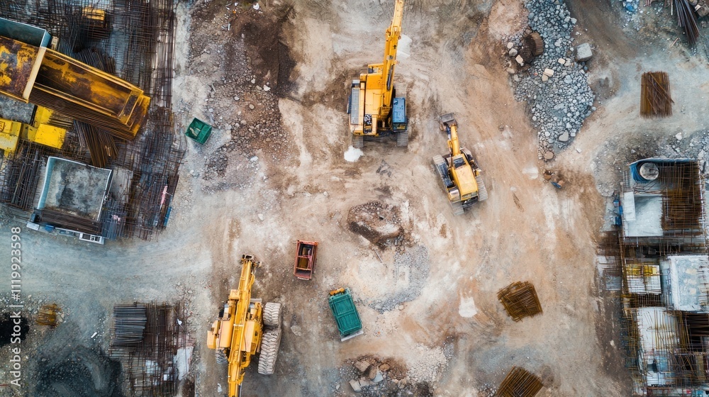 Aerial View of Construction Site: Heavy Machinery and Building Materials Aerial View of Construction Site: Heavy Machinery and Building Materials