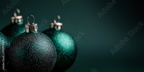 Bright emerald green Christmas composition with shimmering Christmas balls, ornaments, decorations. Ideal for New Year marketing, seasonal greetings and mockups. Generative ai